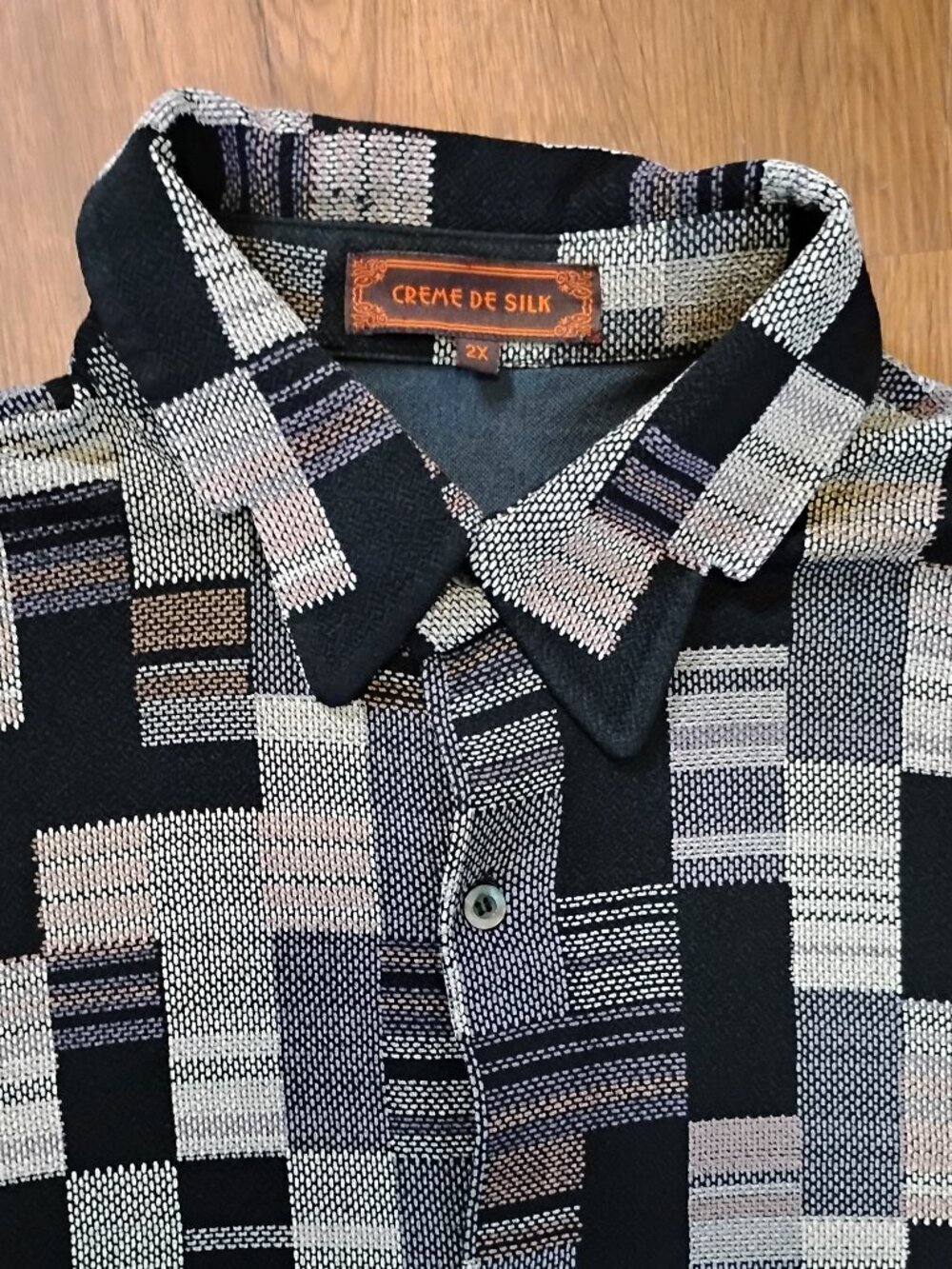 Vintage Creme De Silk Checker Square Button Shirt Short Sleeve